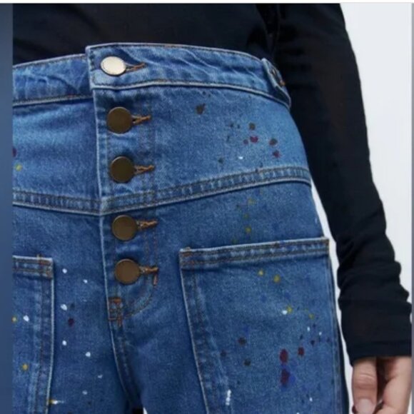 Zara High Rise Cropped Painter Denim Jeans - Picture 3 of 8